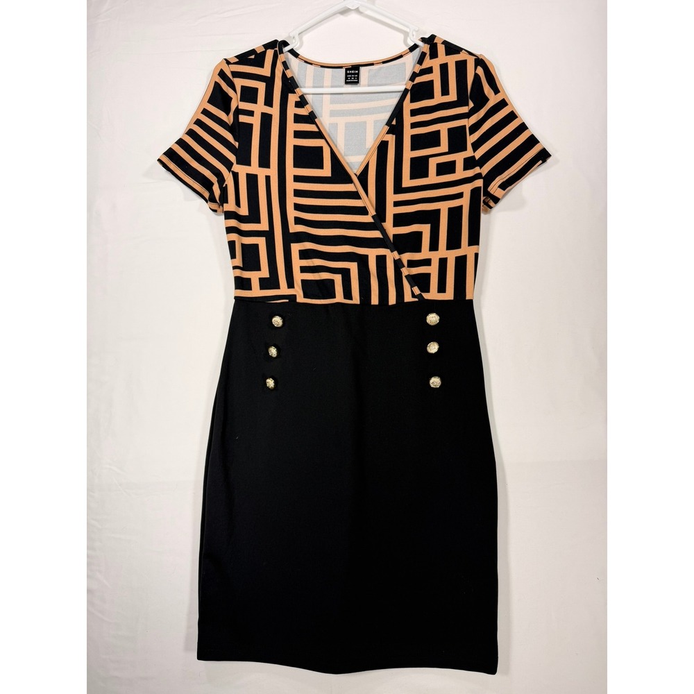 SHEIN Sheath Dress Women Medium Black Tan Excellent Geometric Workwear Buttons